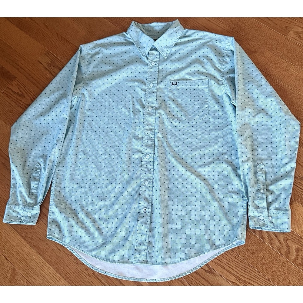 Cinch Western Button Shirt Size L ArenaFlex Performance LS Rodeo Blue Geometric